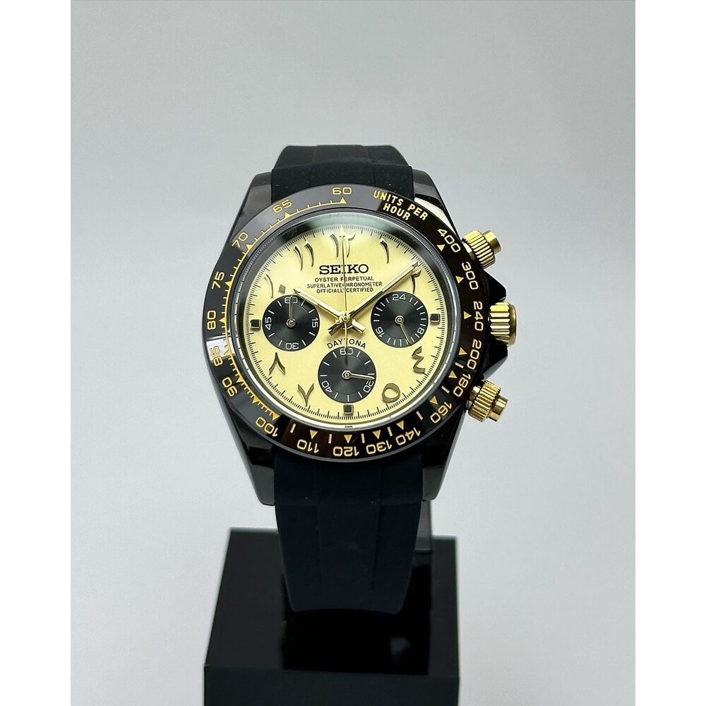Custom Seiko Mod • Gold Black Arabic Daytona on Black Rubber Strap Quartz Chronograph • 39.5mm